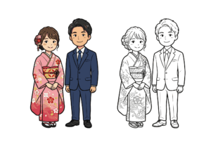 成人式の塗り絵｜振袖とスーツの男女イラスト｜高齢者向け回想レクリエーション素材｜無料ダウンロード