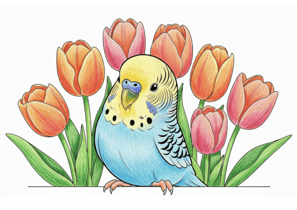 セキセイインコとチューリップの無料ぬりえイラスト｜高齢者向け｜春の花｜色鉛筆仕上げ｜ダウンロード