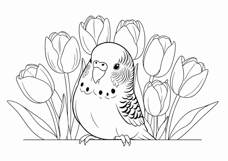 Budgerigar and tulip coloring page - black and white printable, free download