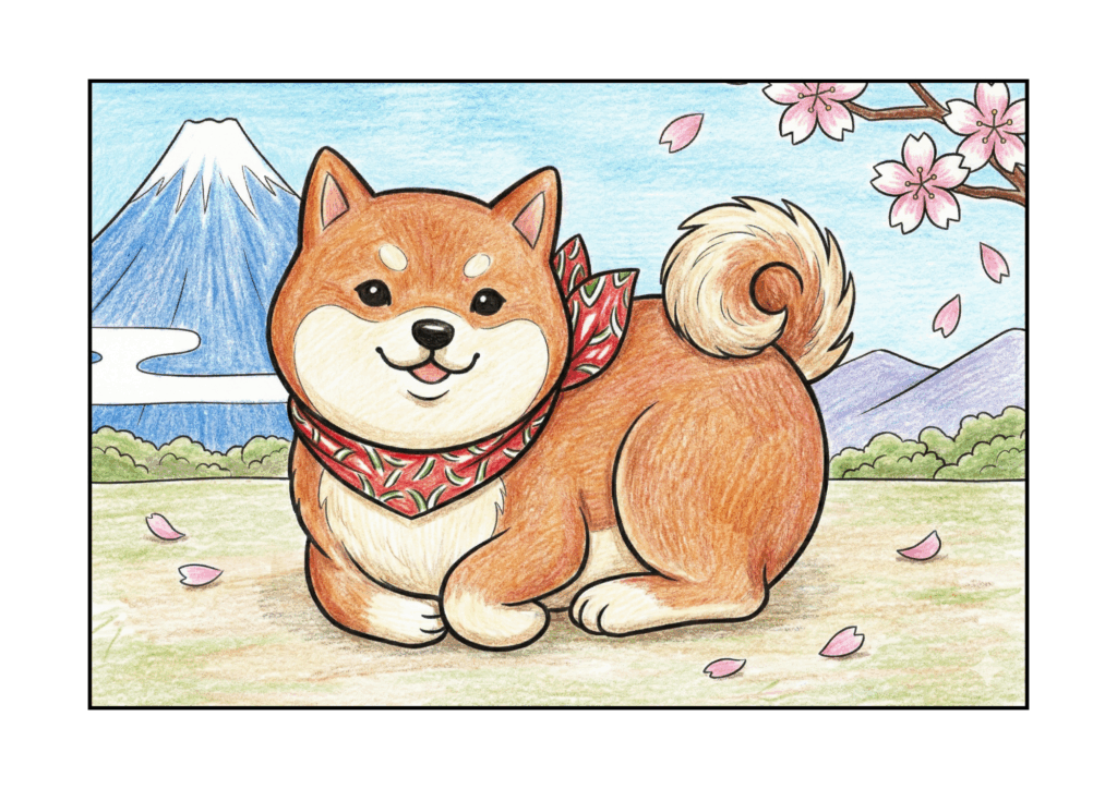 柴犬の無料ぬりえイラスト｜高齢者向け｜春の桜と富士山｜動物モチーフ｜ダウンロード