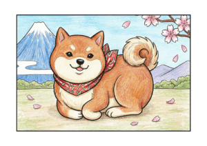 柴犬の無料ぬりえイラスト｜高齢者向け｜春の桜と富士山｜動物モチーフ｜ダウンロード