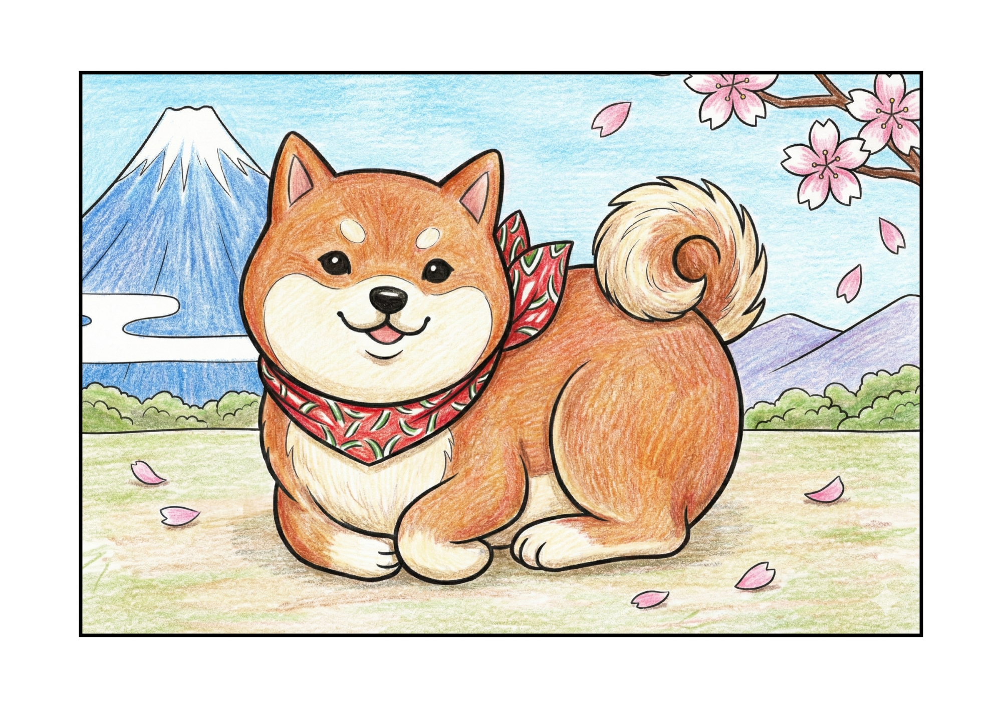 柴犬の無料ぬりえイラスト|高齢者向け|春の桜と富士山|動物モチーフ|ダウンロード