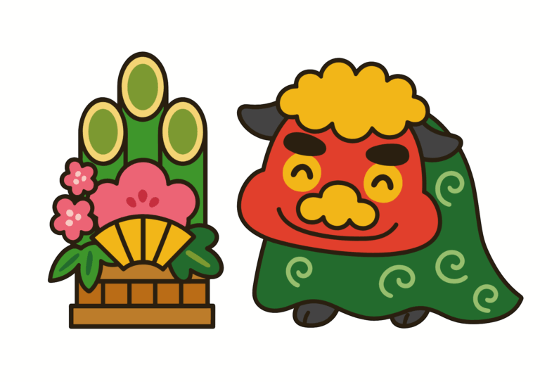 獅子舞と門松の塗り絵イラスト
