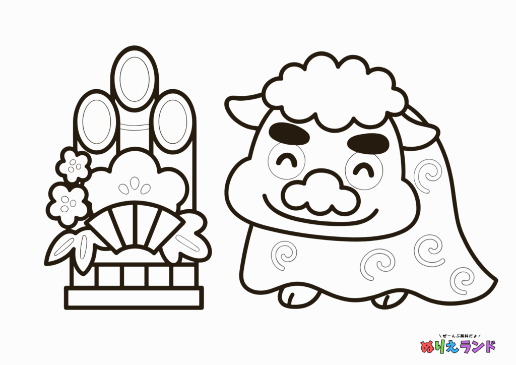 獅子舞と門松の塗り絵 白黒 無料ダウンロード 印刷用