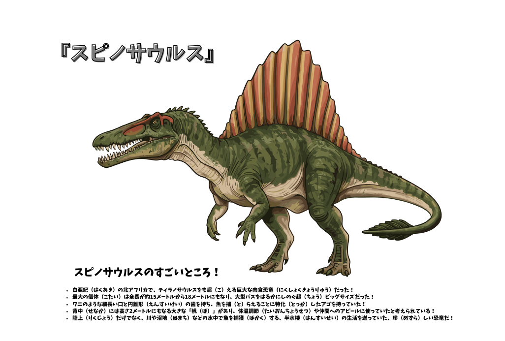 スピノサウルスのぬりえ|幼児向け無料素材|図鑑風恐竜イラスト|せなかのとげがかっこいい!