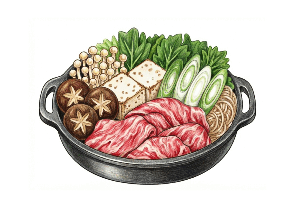 すき焼き鍋の無料ぬりえイラスト｜高齢者向け｜冬の料理｜大きくて塗りやすい｜ダウンロード