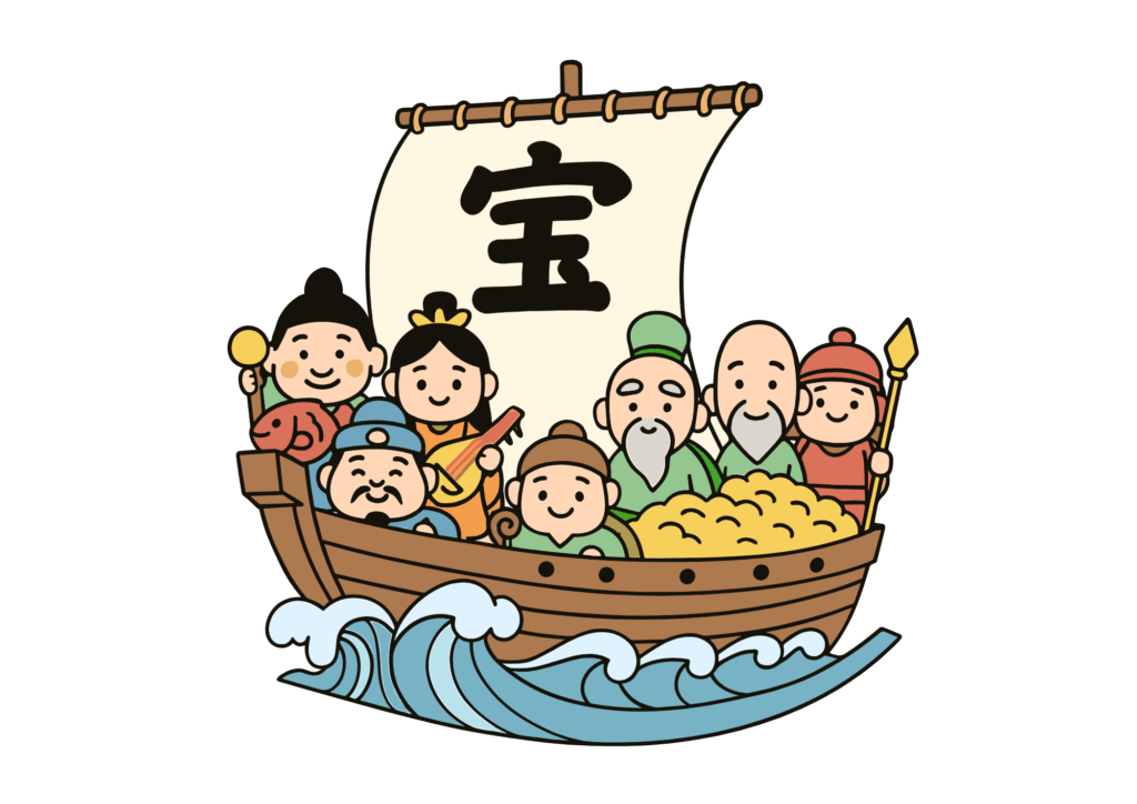 宝船と七福神の無料ぬりえイラスト｜高齢者向け｜縁起の良い｜お正月・冬｜ダウンロード