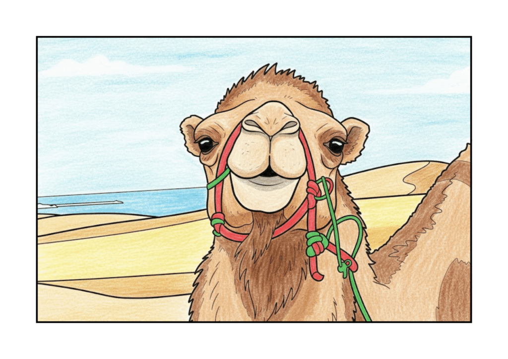 鳥取砂丘とラクダの無料ぬりえイラスト｜高齢者向け｜日本の風景｜塗りやすい・ちぎり絵対応｜ダウンロード