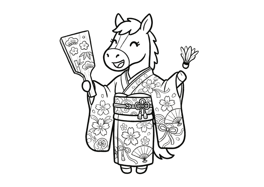 羽子板と着物の馬ぬりえイラストの塗り絵 白黒 無料ダウンロード 印刷用