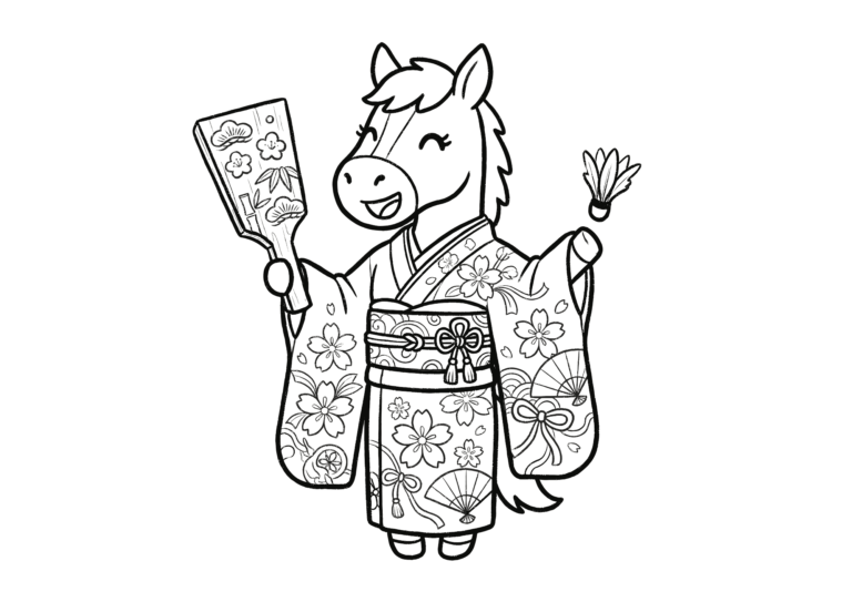 New Year horse coloring page - black and white, free download, printable