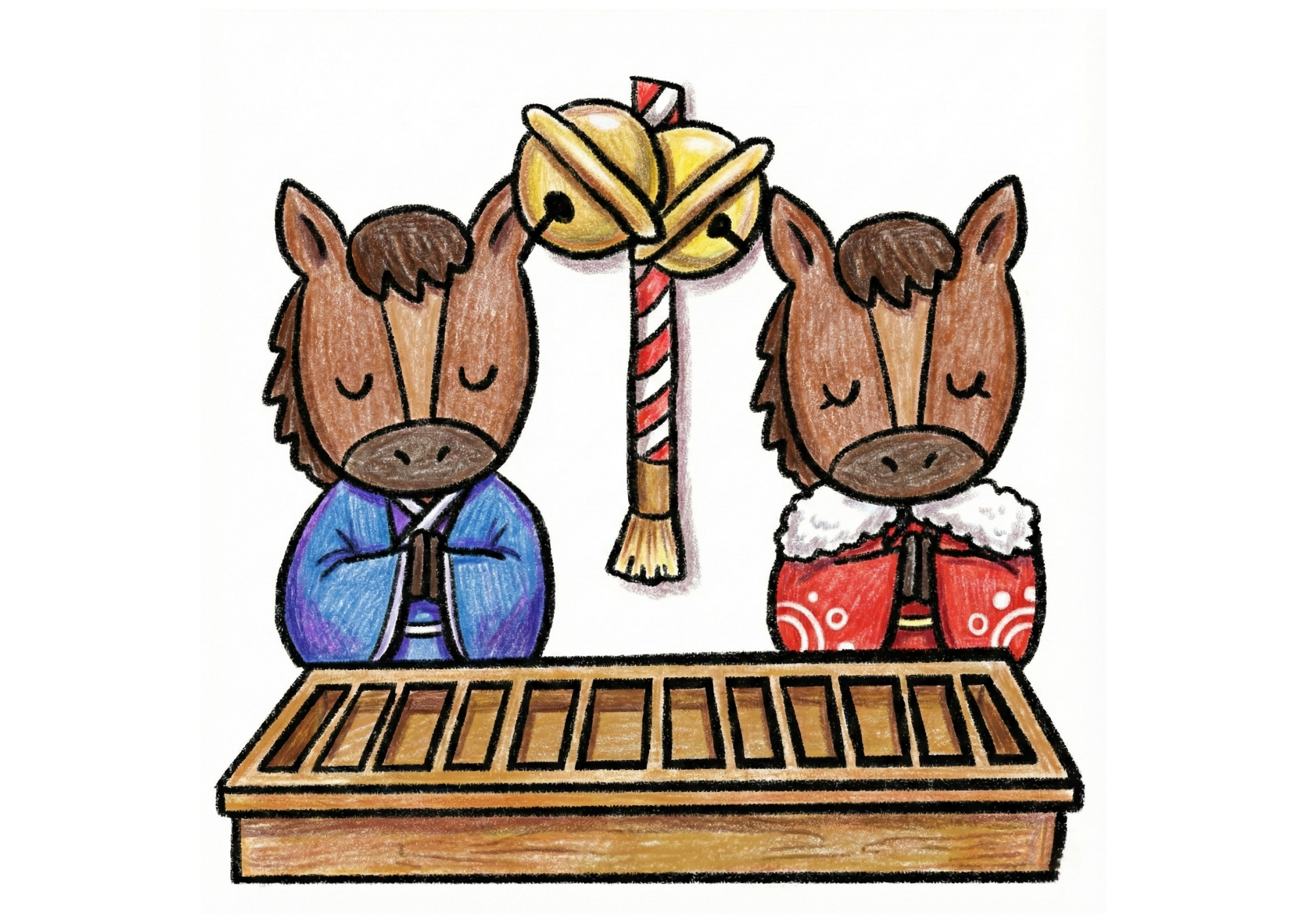 馬の初詣の無料ぬりえイラスト|高齢者や子供向け|簡単で塗りやすい|正月・冬|ダウンロード