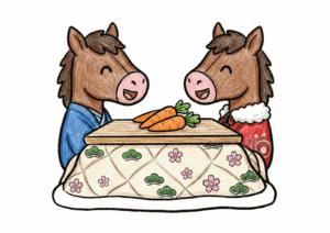 こたつでにんじんを囲む馬の無料ぬりえイラスト｜高齢者・子供向け｜午年｜冬｜ダウンロード