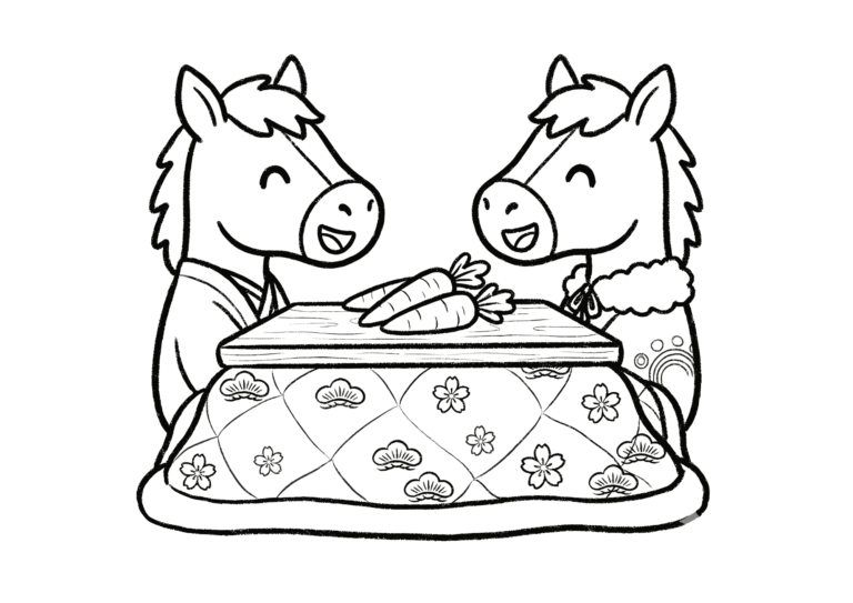 Year of the Horse winter coloring page - black and white, free download, printable