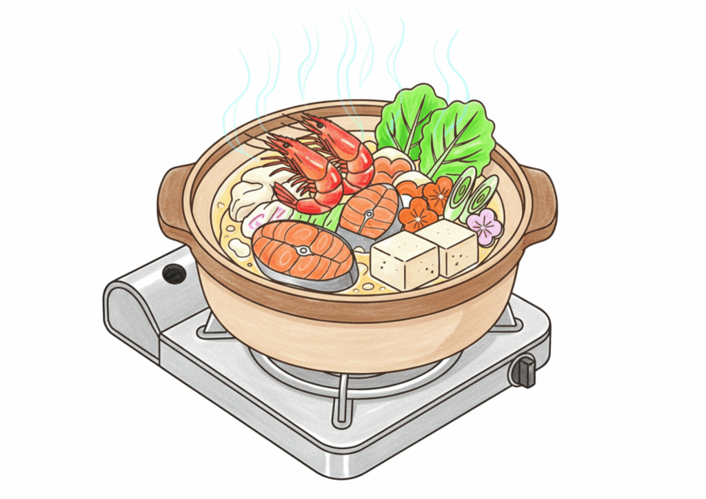 寄せ鍋の無料ぬりえイラスト｜高齢者向け｜見本付きで塗りやすい｜冬の食材シリーズ｜ダウンロード