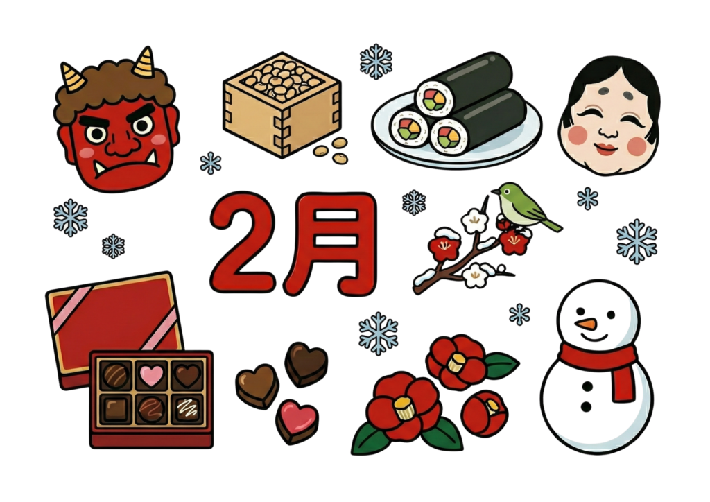 2月の塗り絵イラスト｜節分・バレンタイン・梅・雪だるま｜無料ダウンロード｜塗り絵イラスト｜フリー画像｜素材