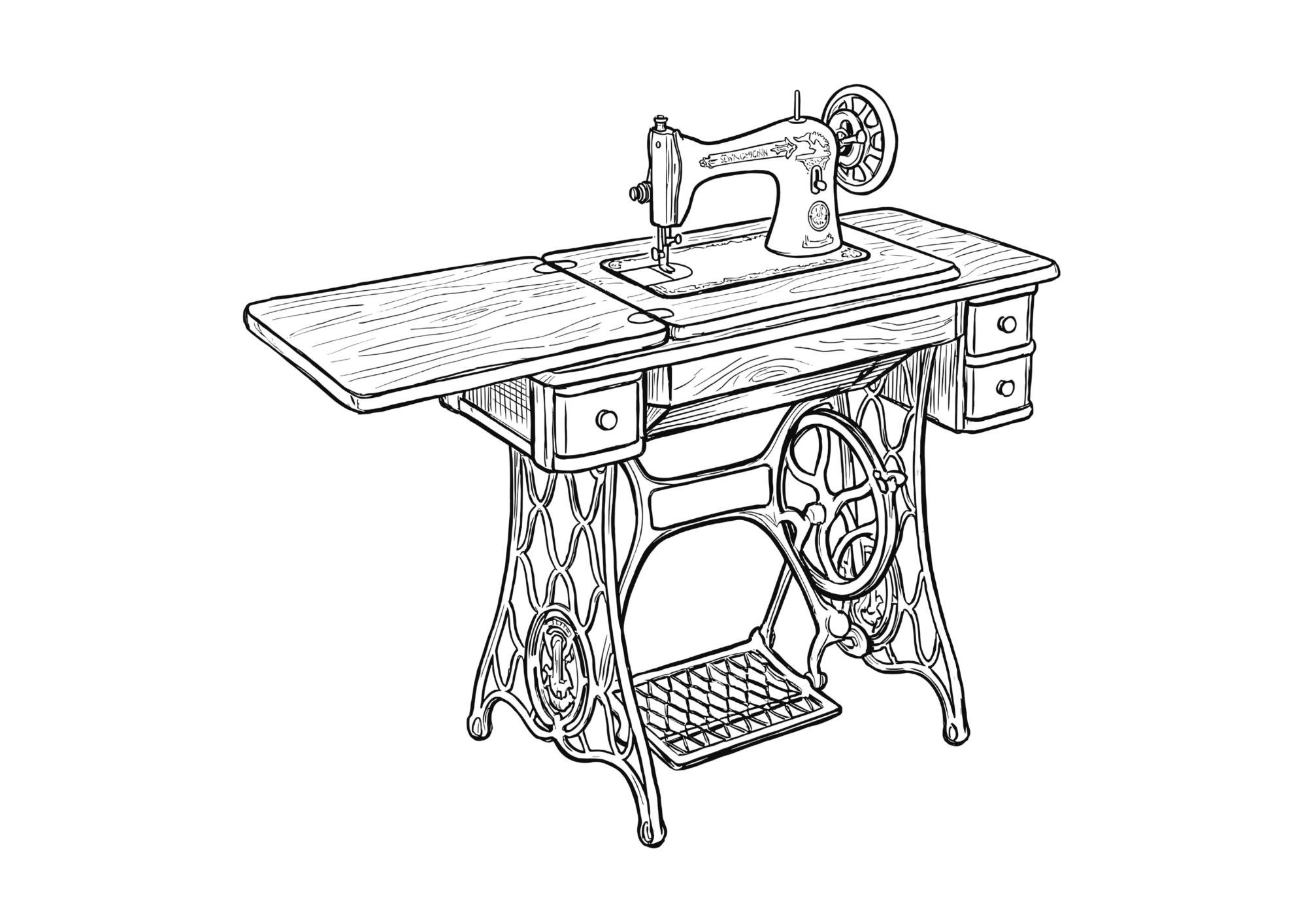 足踏みミシンの塗り絵イラスト｜白黒フリー画像｜無料素材｜高齢者向け