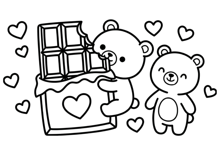 Bear and chocolate coloring page - black and white, free download, printable