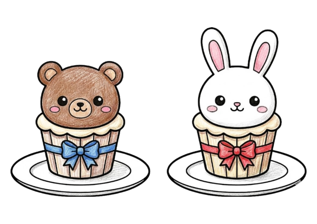 くまとウサギのカップケーキ｜無料ダウンロード｜塗り絵イラスト｜フリー画像｜素材