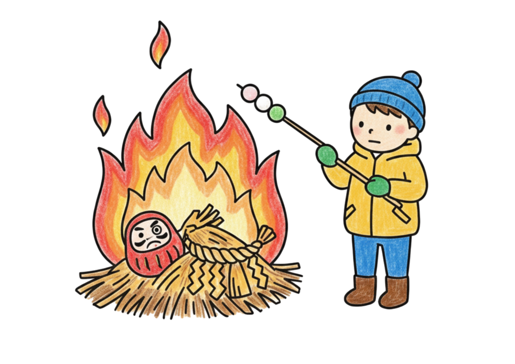 どんど焼きのイラスト｜無料ダウンロード｜塗り絵｜フリー画像｜素材｜幼児向け冬行事ぬりえ