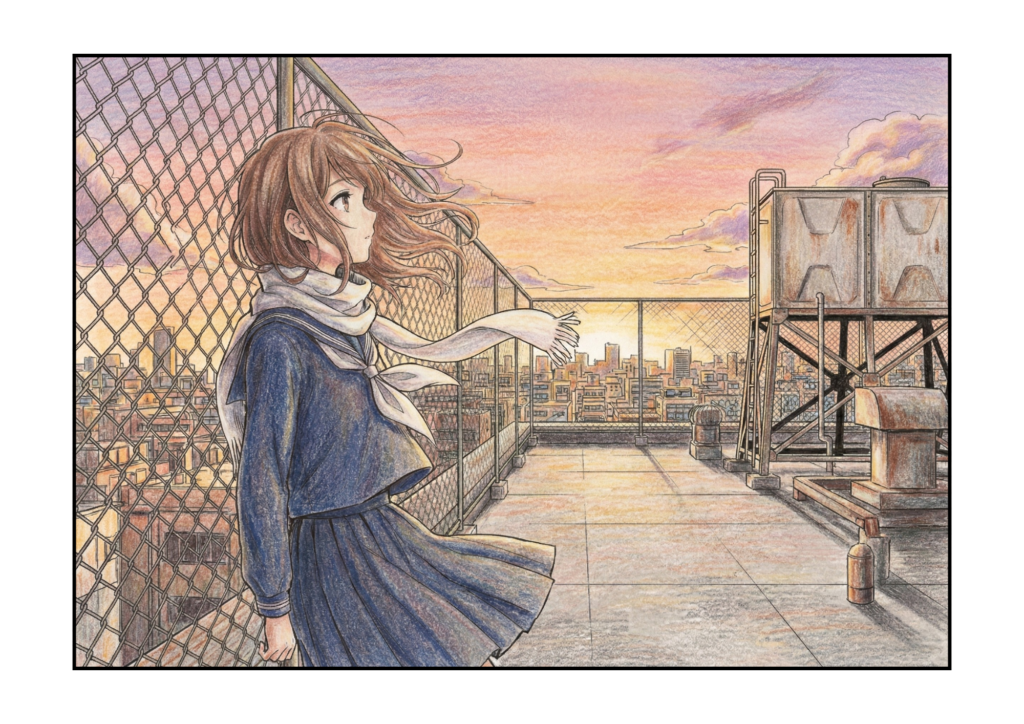 屋上の女子高生ぬりえ｜エモい夕暮れ｜大人・高校生向け塗り絵イラスト｜無料ダウンロード｜フリー素材