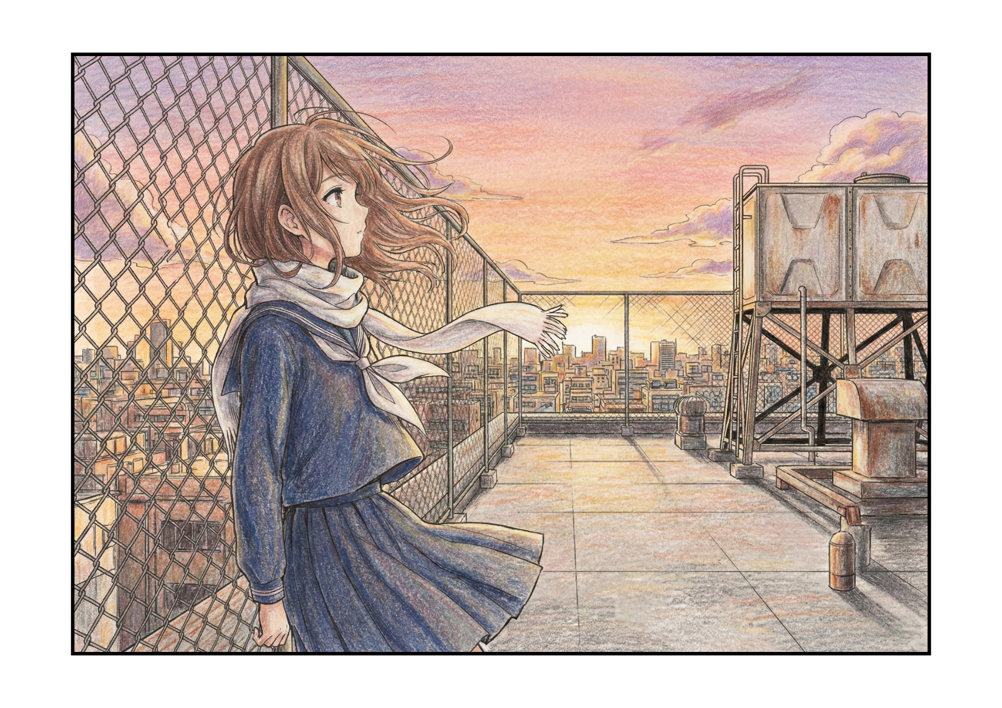 屋上の女子高生ぬりえ|エモい夕暮れ|大人・高校生向け塗り絵イラスト|無料ダウンロード|フリー素材