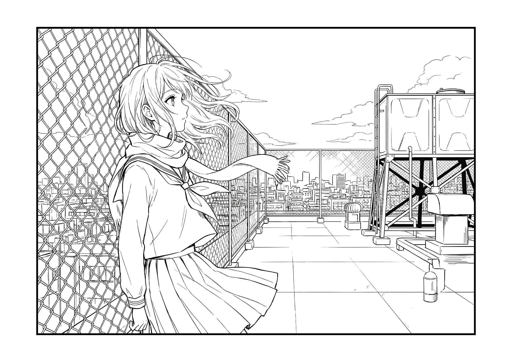 屋上の女の子塗り絵線画｜高校生向け・大人向け｜無料ぬりえイラスト｜フリー画像素材