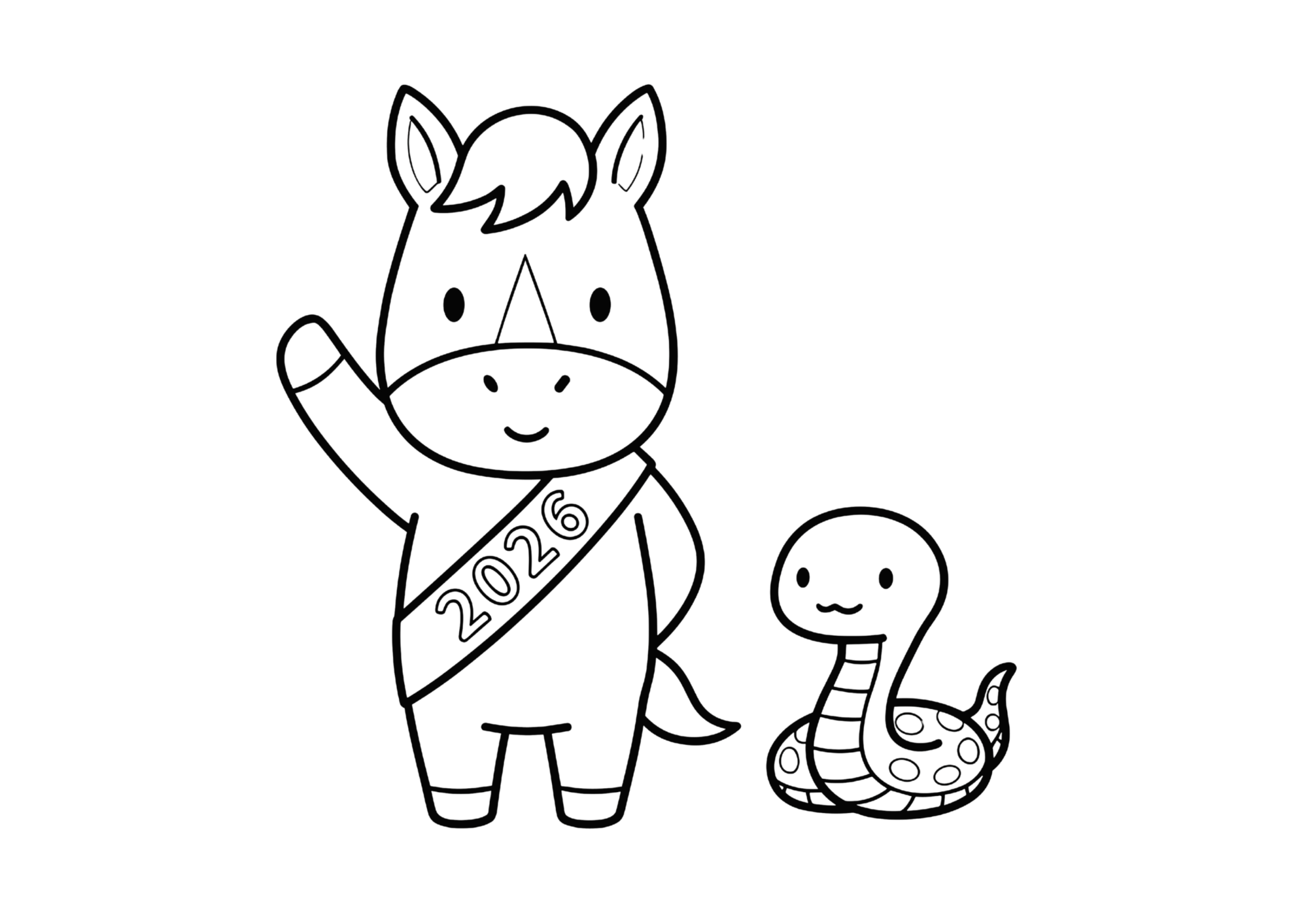 干支・午から巳の塗り絵イラスト｜白黒フリー画像｜無料素材｜子供・高齢者向け