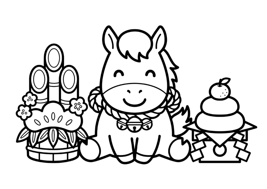お正月の馬のぬりえ素材の塗り絵 白黒 無料ダウンロード 印刷用