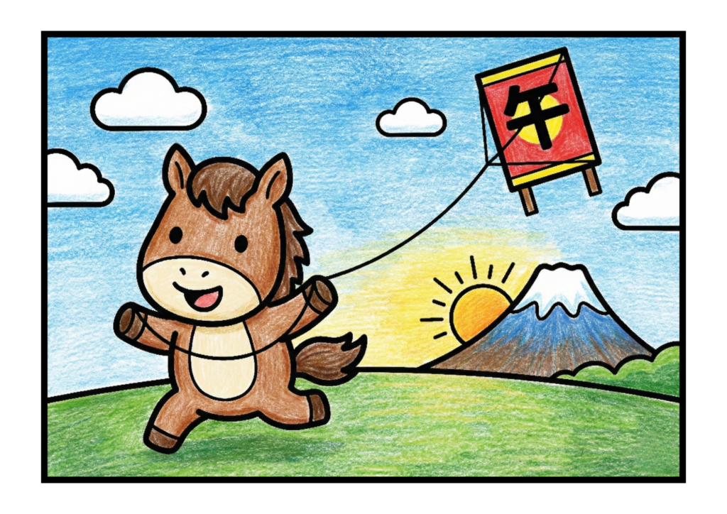 凧あげする午年の馬のお正月イラスト｜無料ダウンロード｜塗り絵イラスト｜フリー画像｜素材