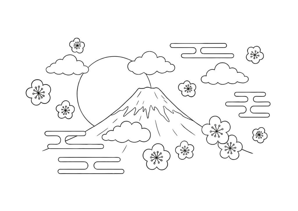 ご来光・初日の出の塗り絵 白黒 無料ダウンロード 印刷用