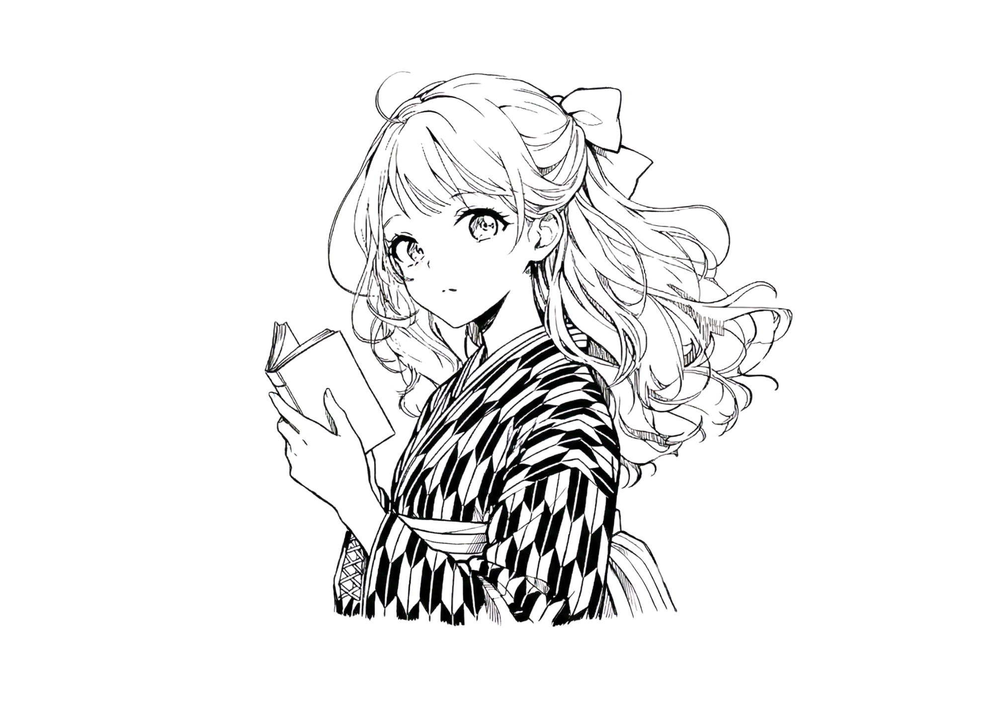 ハイカラさん風ぬりえ線画｜矢絣着物の女の子｜無料塗り絵｜大人向けイラスト素材