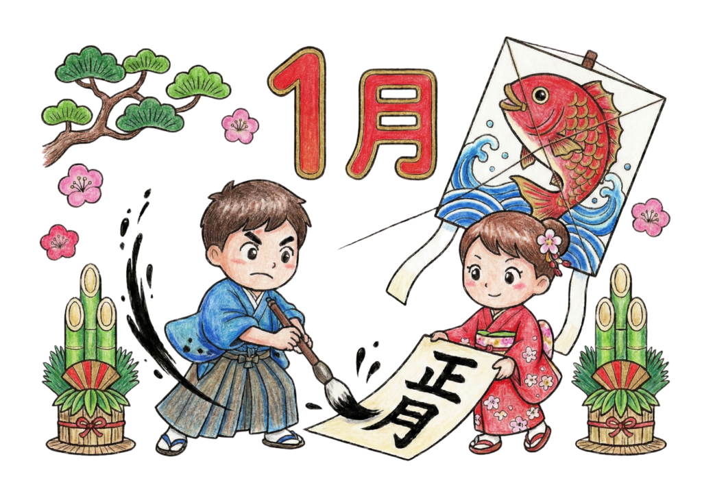 1月の書き初めのイラスト｜無料ダウンロード｜塗り絵イラスト｜フリー画像｜子供・高齢者向け素材