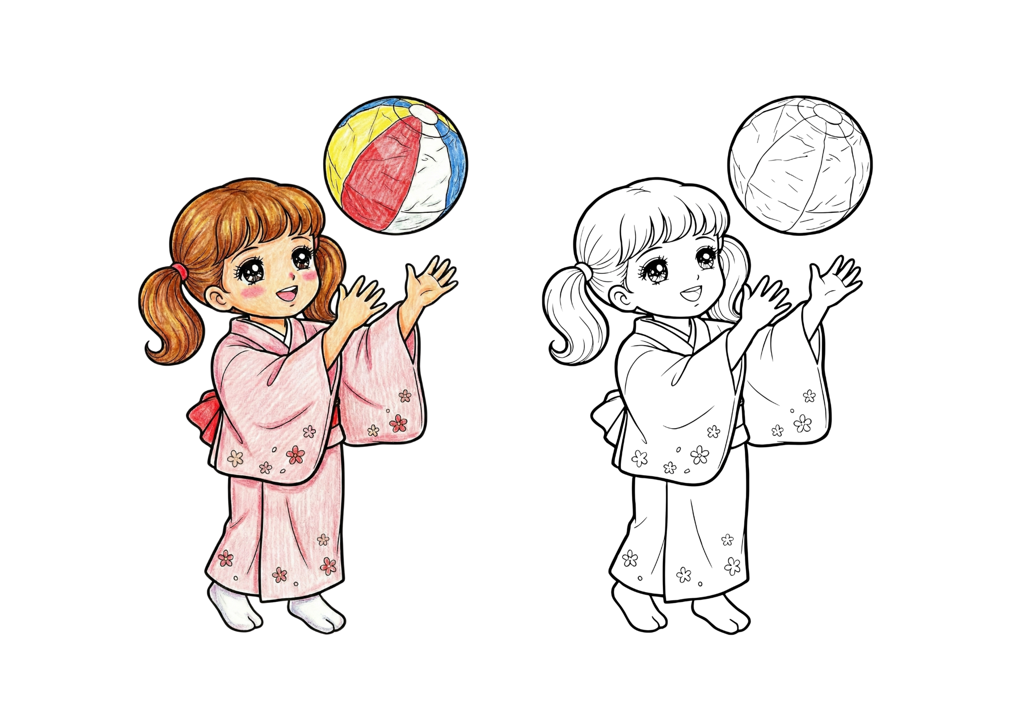 紙風船で遊ぶ昭和レトロな女の子の塗り絵イラスト|無料ダウンロード|フリー画像|素材