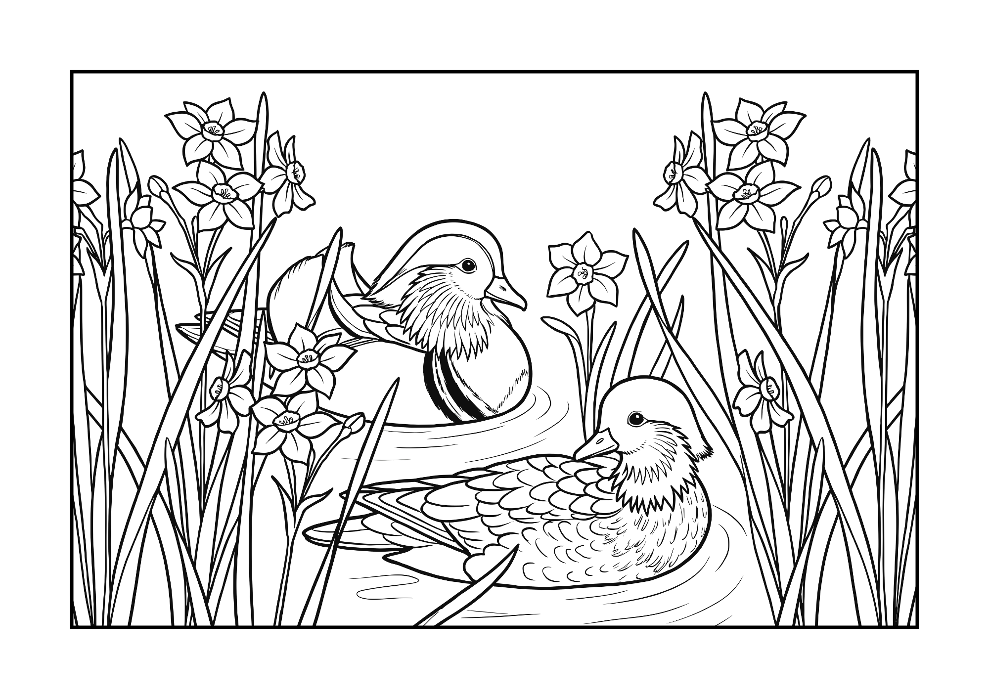 カモと水仙の塗り絵イラスト｜白黒フリー画像｜無料素材｜高齢者向け