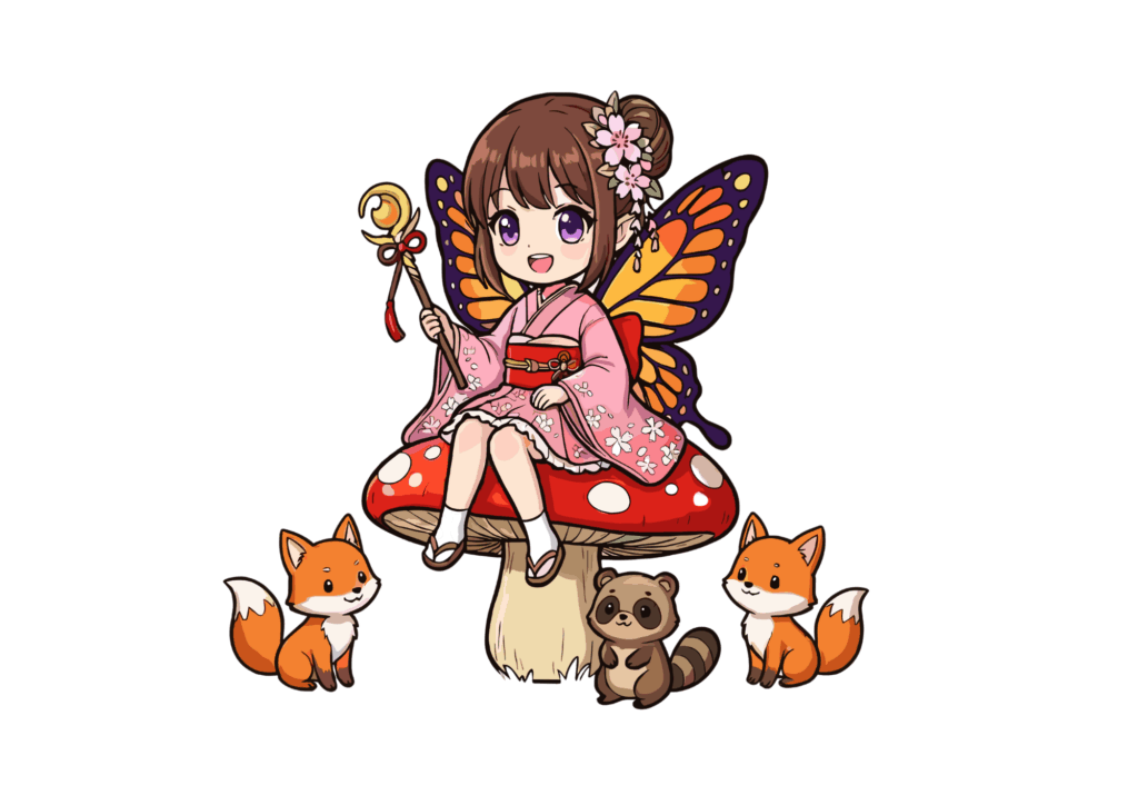 きのこに座る着物姿の妖精と動物たちのぬりえ見本｜子供向けファンタジーイラスト