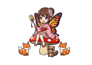 きのこに座る着物姿の妖精と動物たちのぬりえ見本｜子供向けファンタジーイラスト