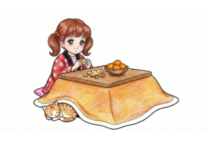 こたつでみかんをむく女の子と猫の昭和レトロ塗り絵イラスト｜無料ダウンロード｜フリー画像｜素材