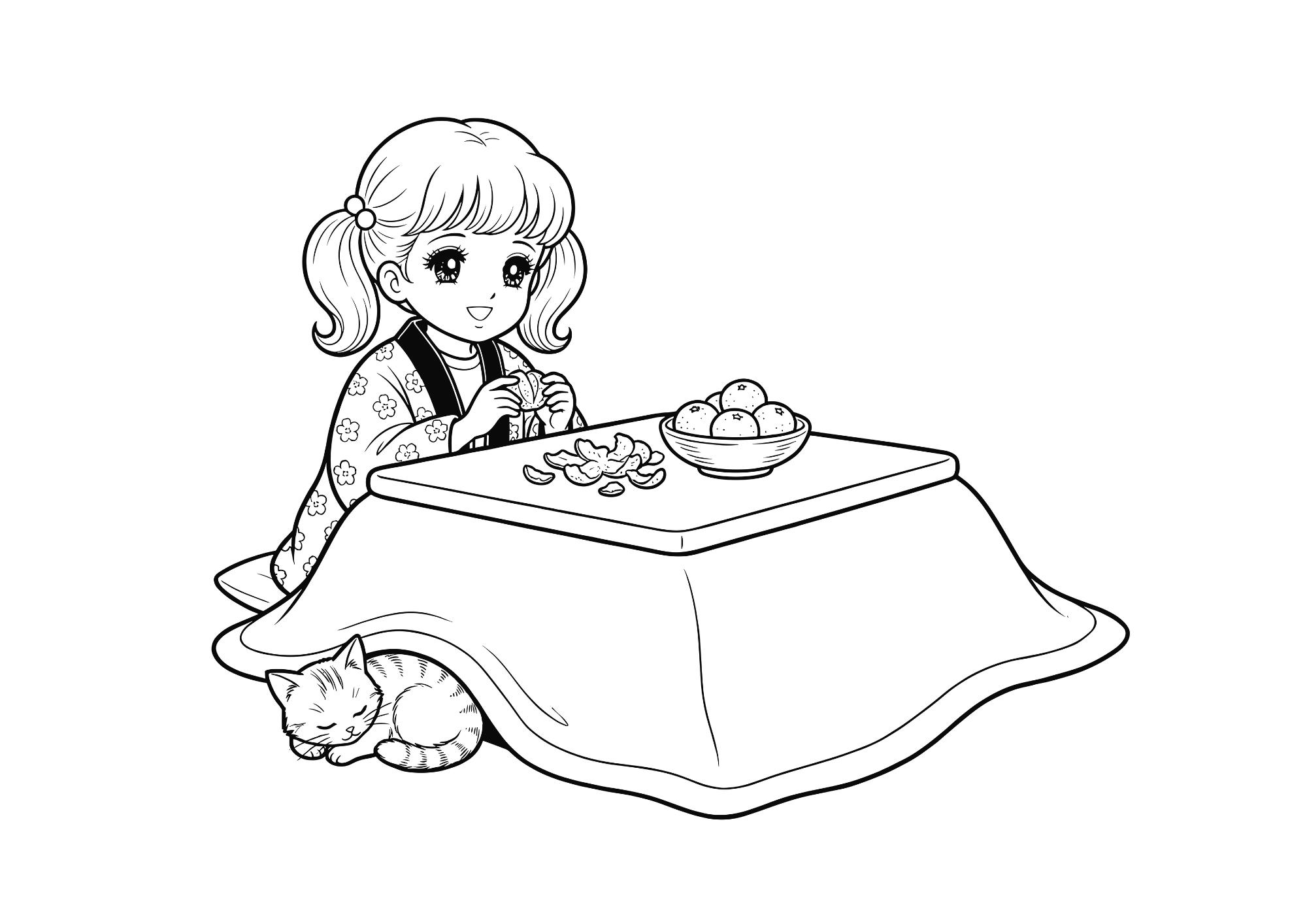 こたつの塗り絵イラスト｜白黒フリー画像｜無料素材｜昭和レトロな猫と女の子