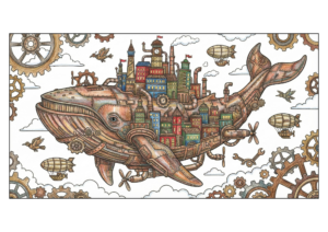 大人の塗り絵イラスト｜無料ダウンロード｜メカ都市と鯨のコロリアージュ｜フリー画像素材