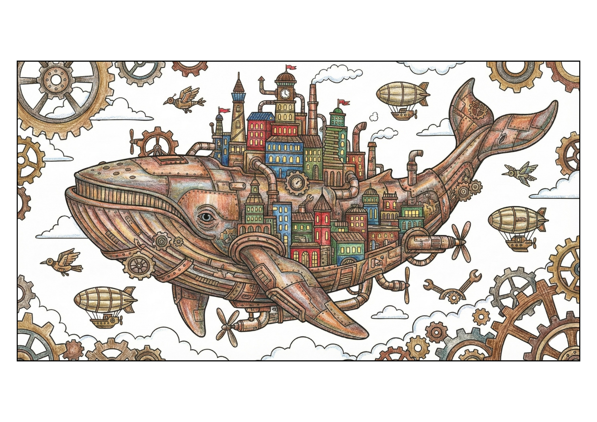大人の塗り絵イラスト|無料ダウンロード|メカ都市と鯨のコロリアージュ|フリー画像素材