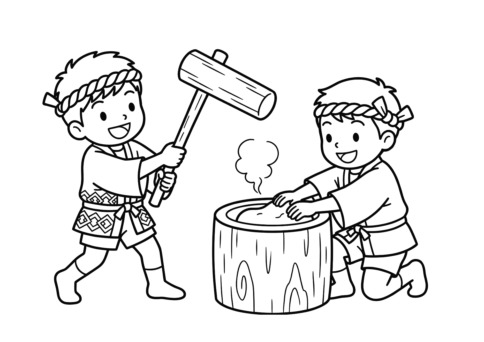 餅つきの塗り絵イラスト｜白黒フリー画像｜無料素材｜高齢者向け