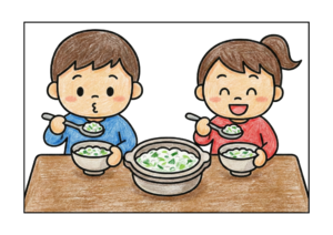 七草がゆを食べる子供の塗り絵イラスト｜無料ダウンロード｜フリー画像｜素材｜幼児向け保育教材