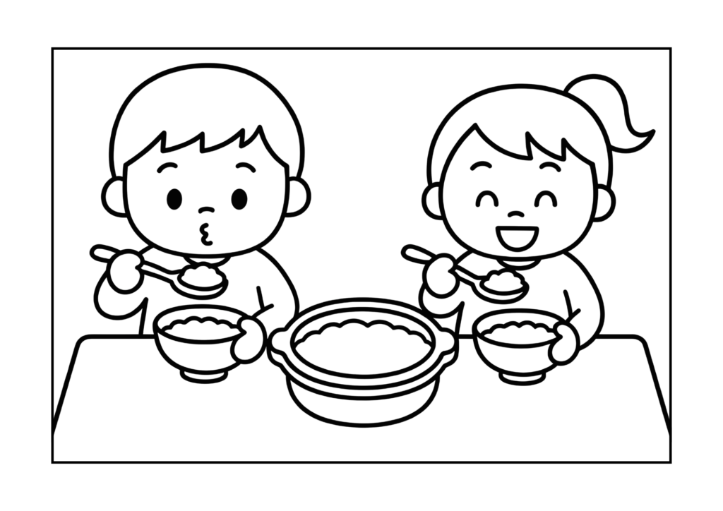 七草がゆを食べる子供のぬりえイラストの塗り絵 白黒 無料ダウンロード 印刷用