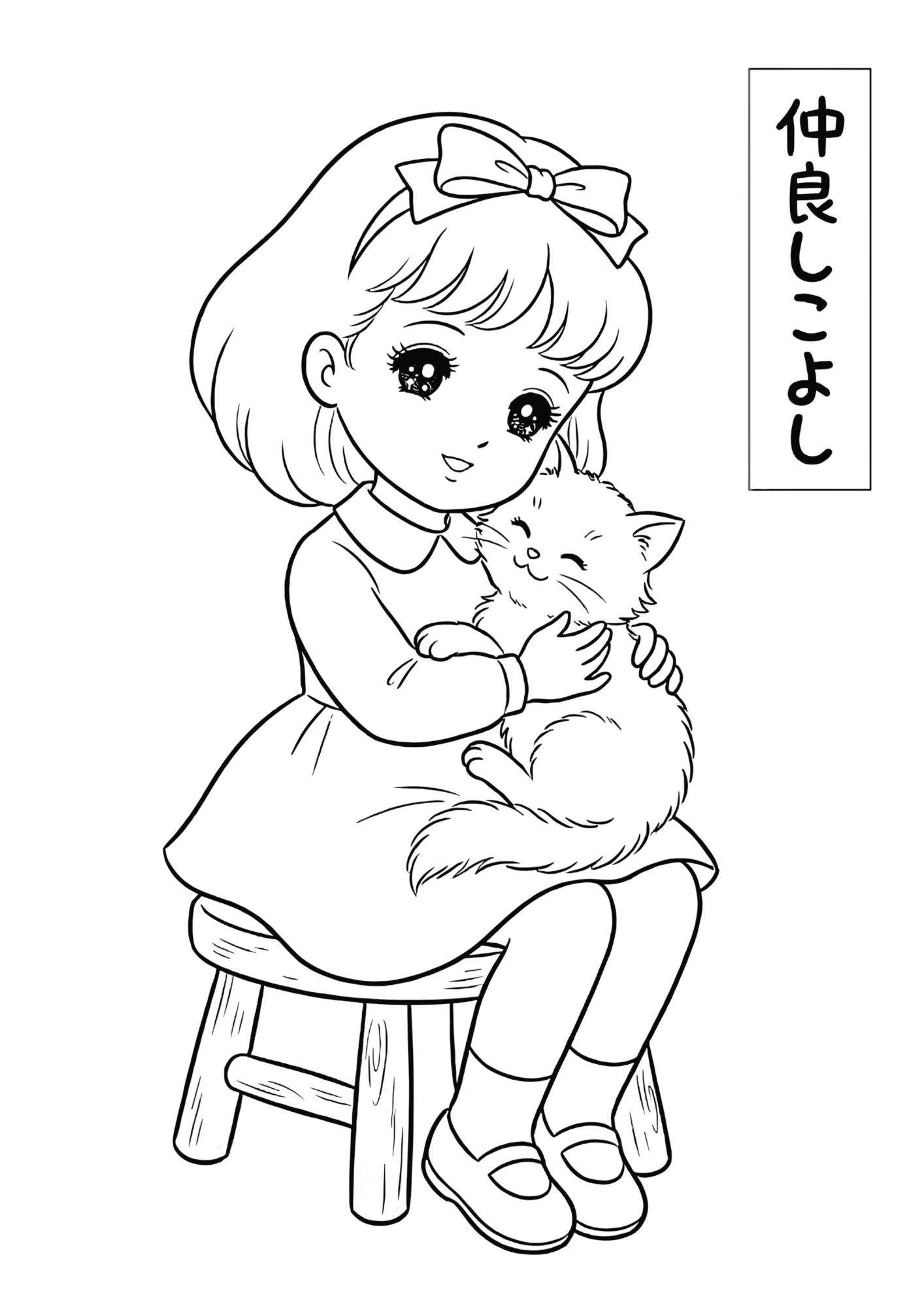 猫と女の子の塗り絵イラスト｜白黒フリー画像｜無料素材｜昭和レトロ