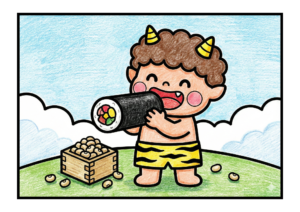 鬼と恵方巻きのぬりえPDF｜無料ダウンロード｜塗り絵イラスト｜節分素材｜幼児向け