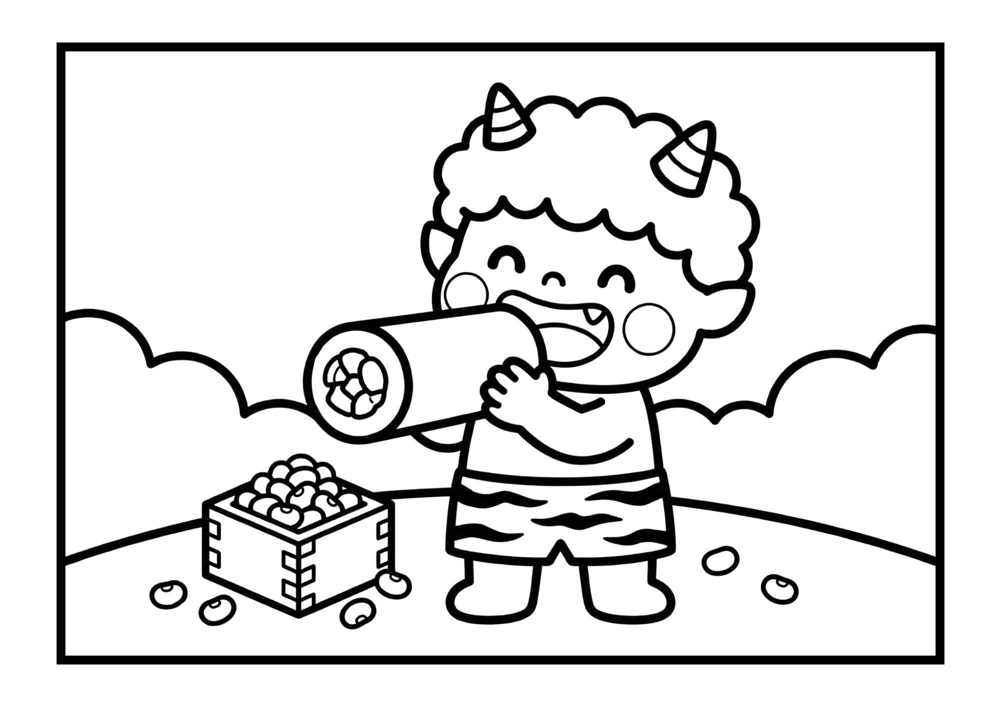 節分の鬼と恵方巻きの塗り絵イラスト｜白黒フリー画像｜無料素材｜幼児向け