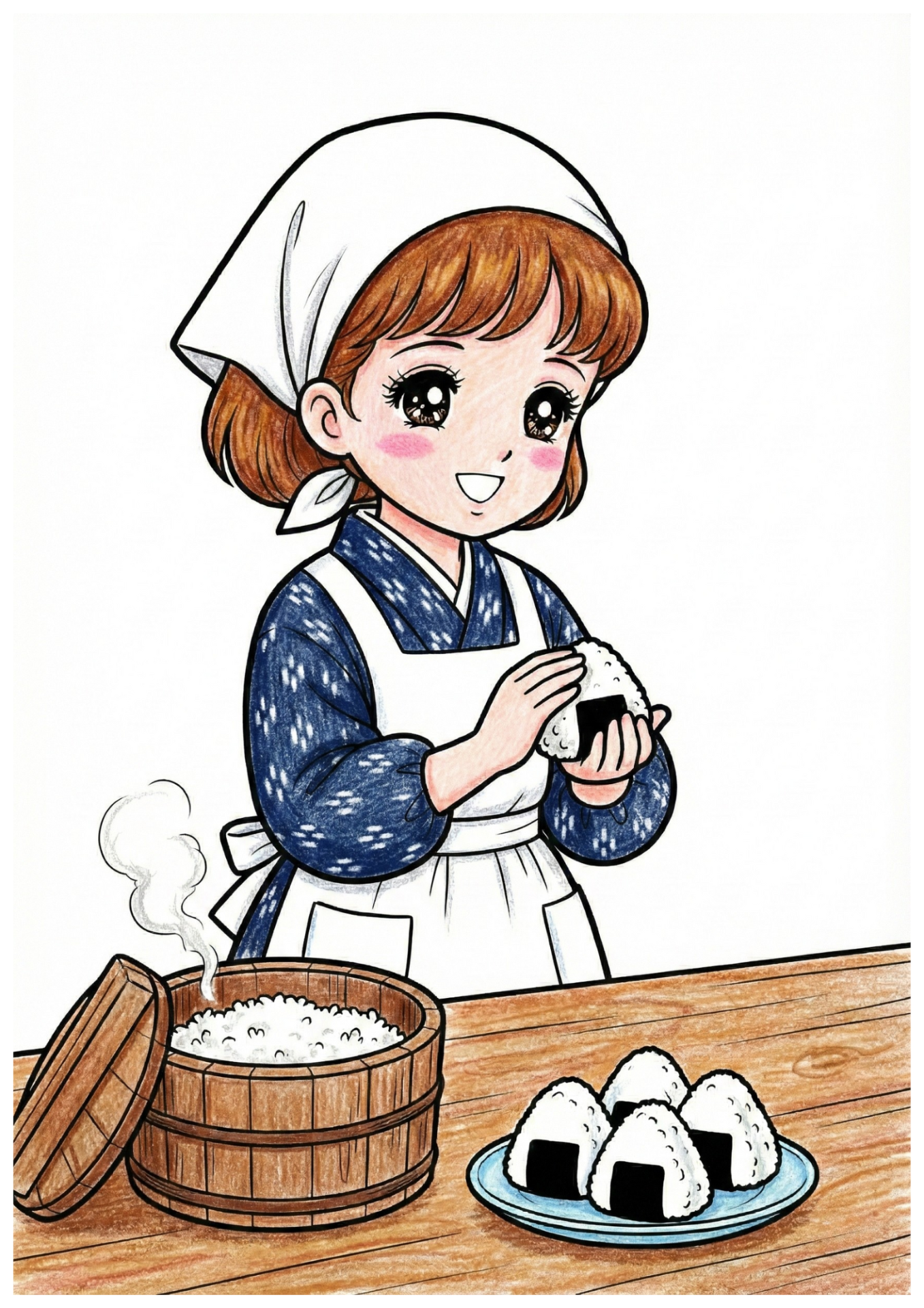 おにぎりを握る女の子の昭和レトロ塗り絵イラスト｜無料ダウンロード｜フリー画像｜素材
