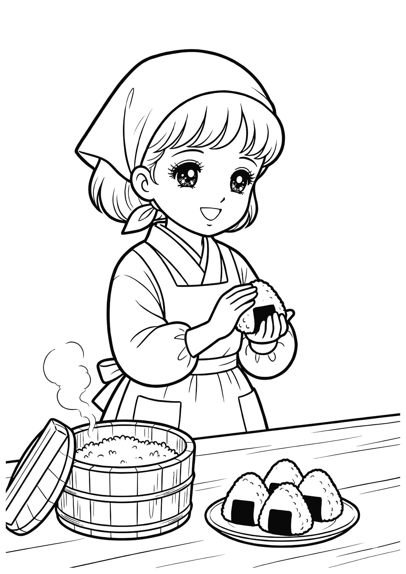 おにぎり塗り絵イラスト｜白黒フリー画像｜無料素材｜昭和レトロな台所風景