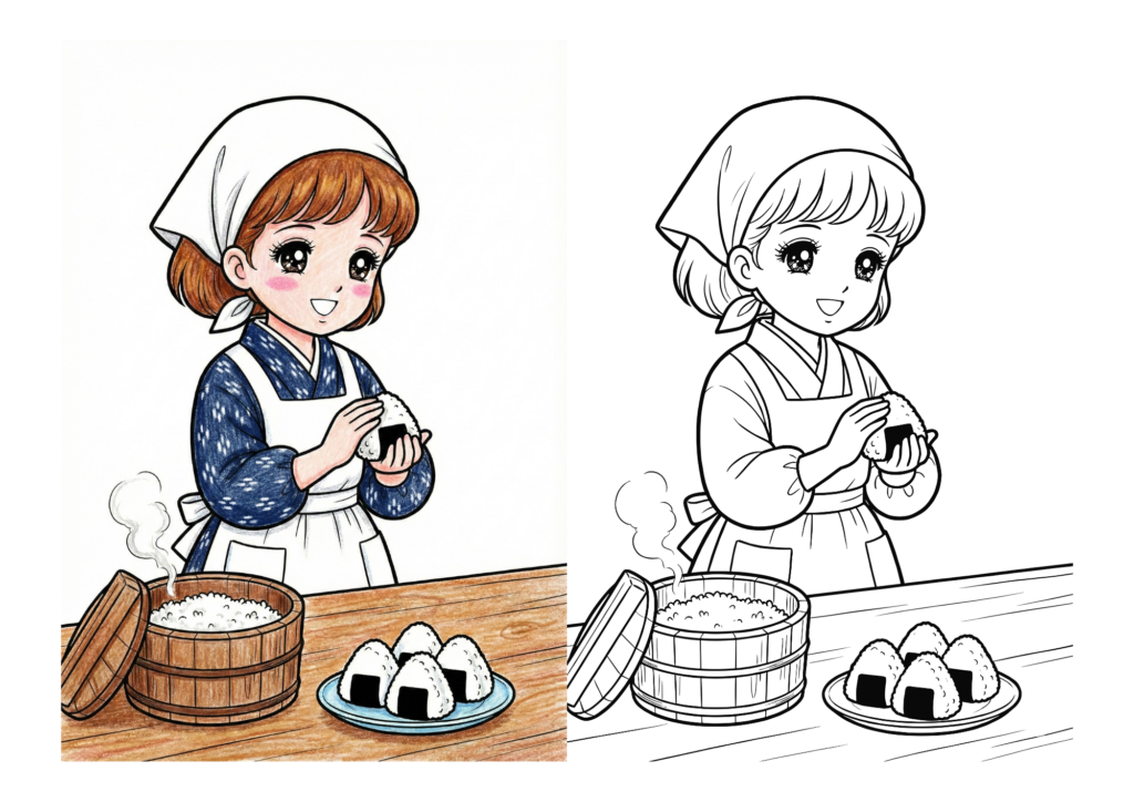 おにぎりを握る女の子の昭和レトロ塗り絵イラスト｜無料ダウンロード｜フリー画像｜素材