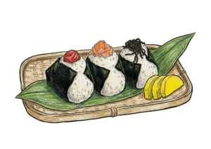 おにぎりのぬりえ見本｜梅干し・しゃけ・こんぶの具材が楽しい幼児向け無料素材